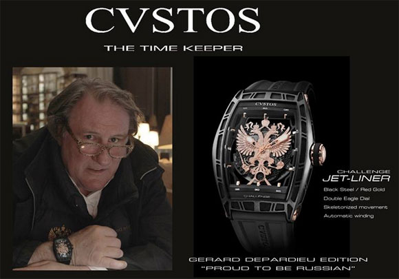 Publicité de l'horloger Suisse Cvstos avec Gérard Depardieu
