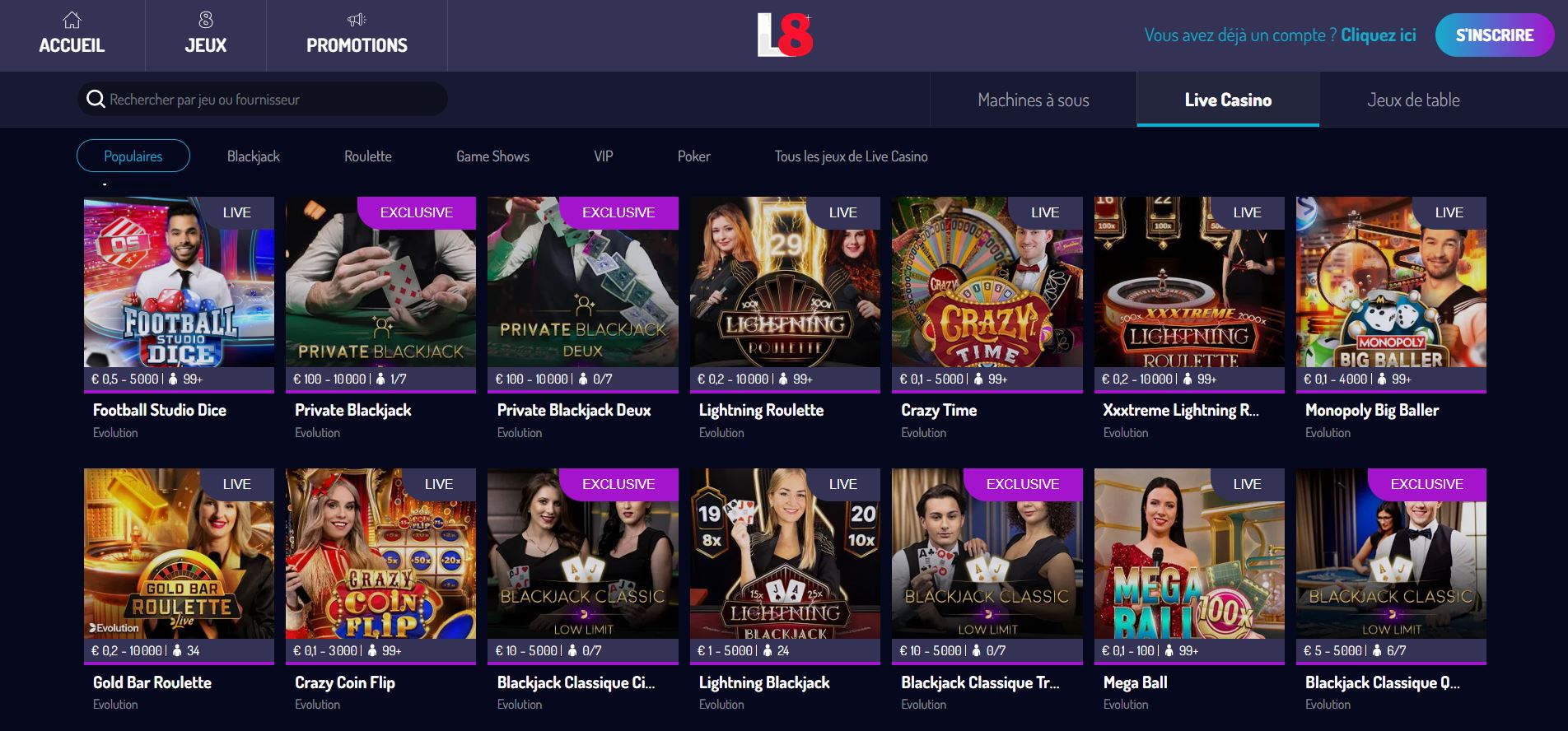 Jeux de Live Casino sur Lucky8 - Lucky8 Casino Avis