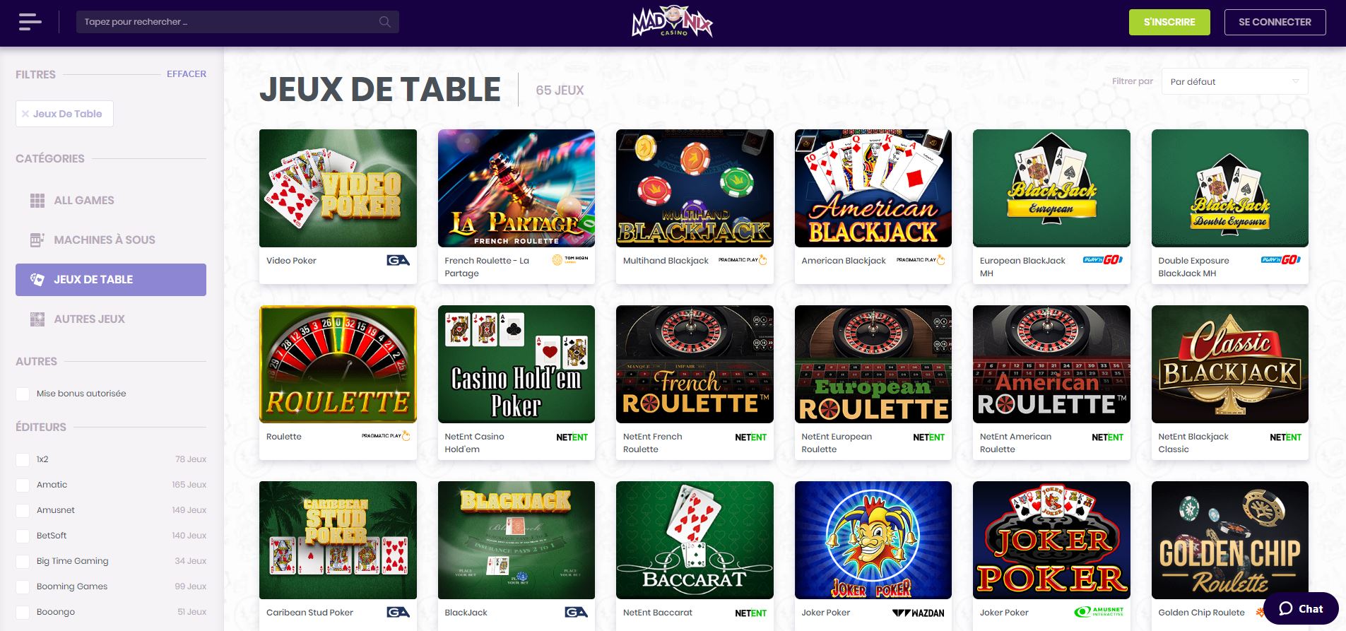 Jeux de table disponibles sur Madnix - Madnix Casino Avis