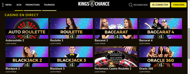 Meilleurs live casinos : Kings chance