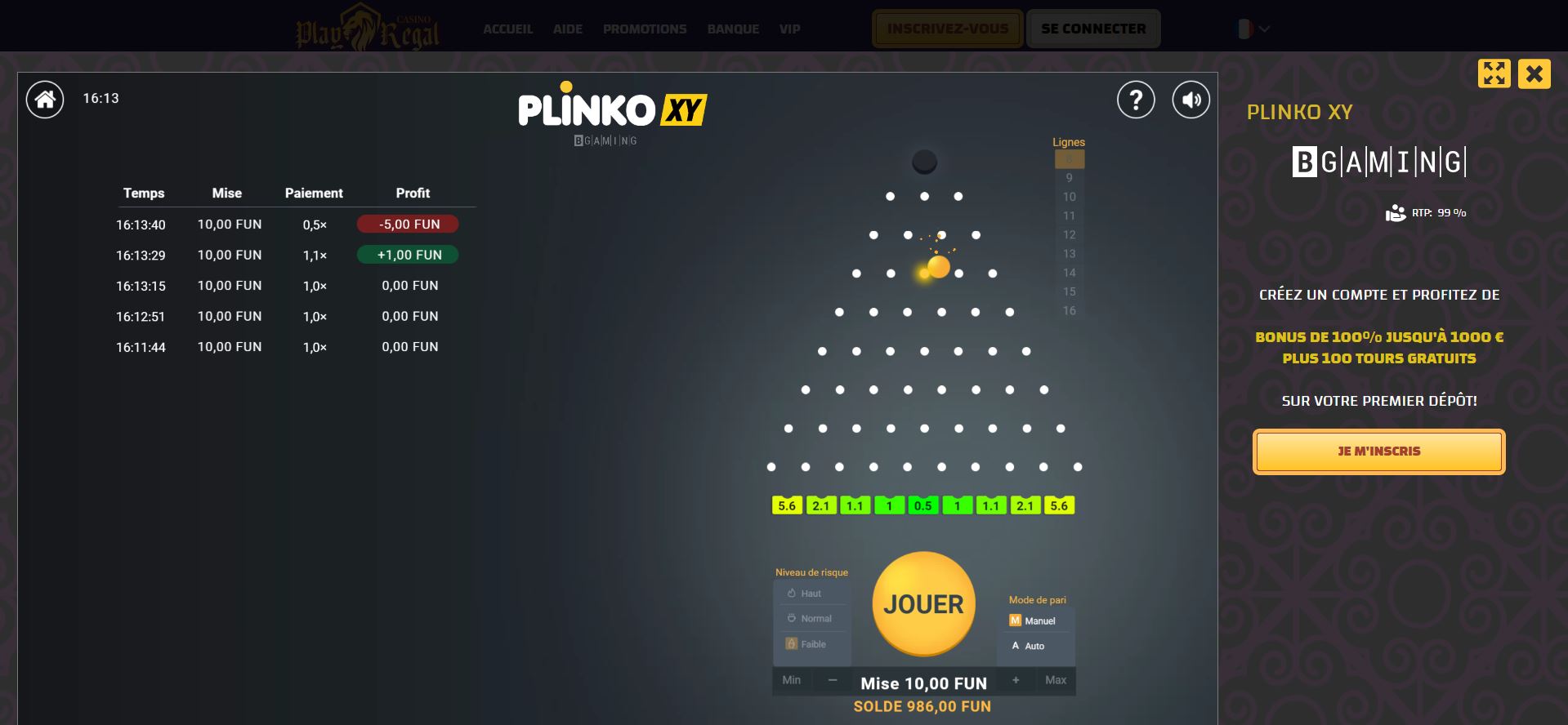 Plinko sur Play Regal - Meilleurs plinko casinos