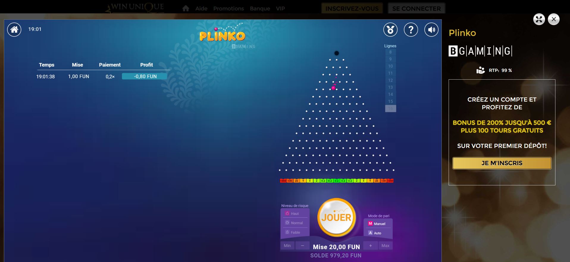 Plinko sur Unique Casino - Meilleurs plinko casinos