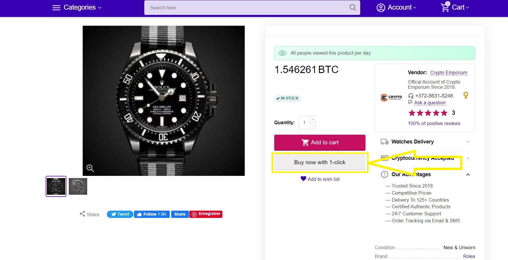 4.1. Buy now with 1-clic - Procéder au paiement de la montre sur Crypto Emporium - Comment acheter des montres avec des crypto-monnaies