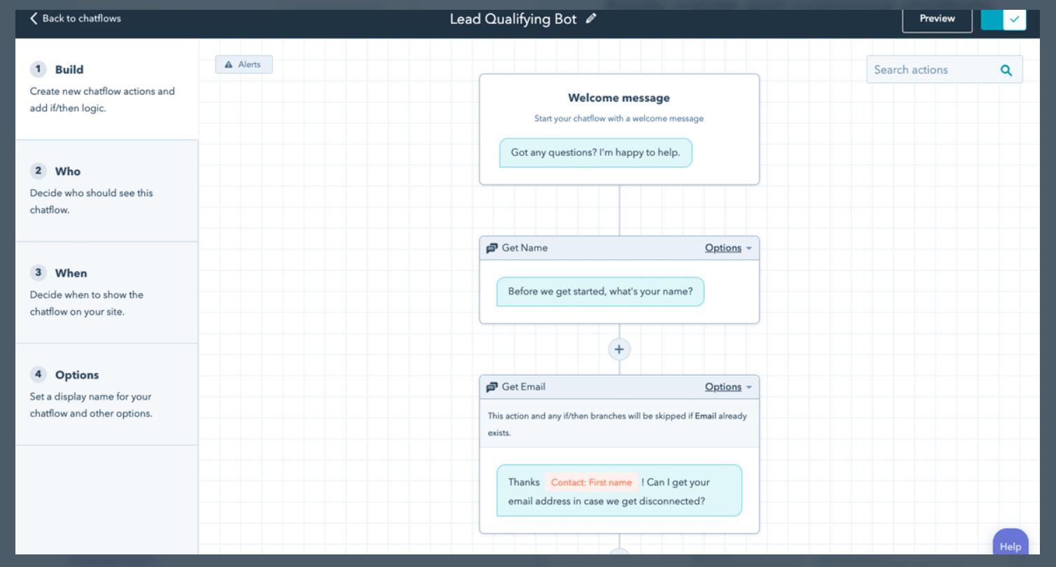 HubSpot Chatbot Builder - Interface de création - IA Chatbot
