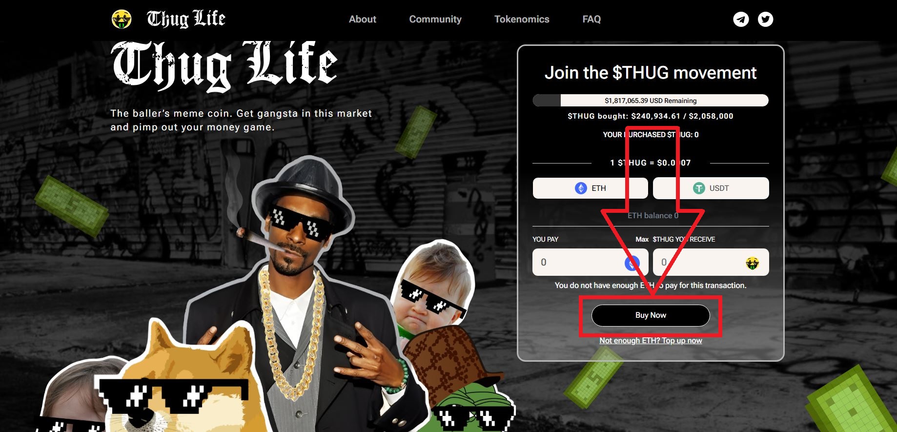 2. Accéder au site de Thug Life et cliquer sur Buy Now - Comment acheter des jetons de Thug Life