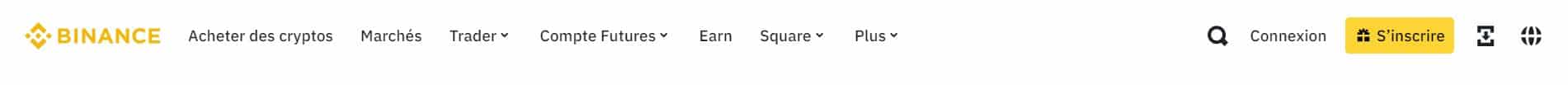 Binance - Barre de menus - Echanges Crypto sans vérification - No ID - sans KYC - Anonymement