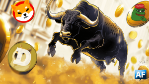 Images montrant un bull qui court entouré de memecoins