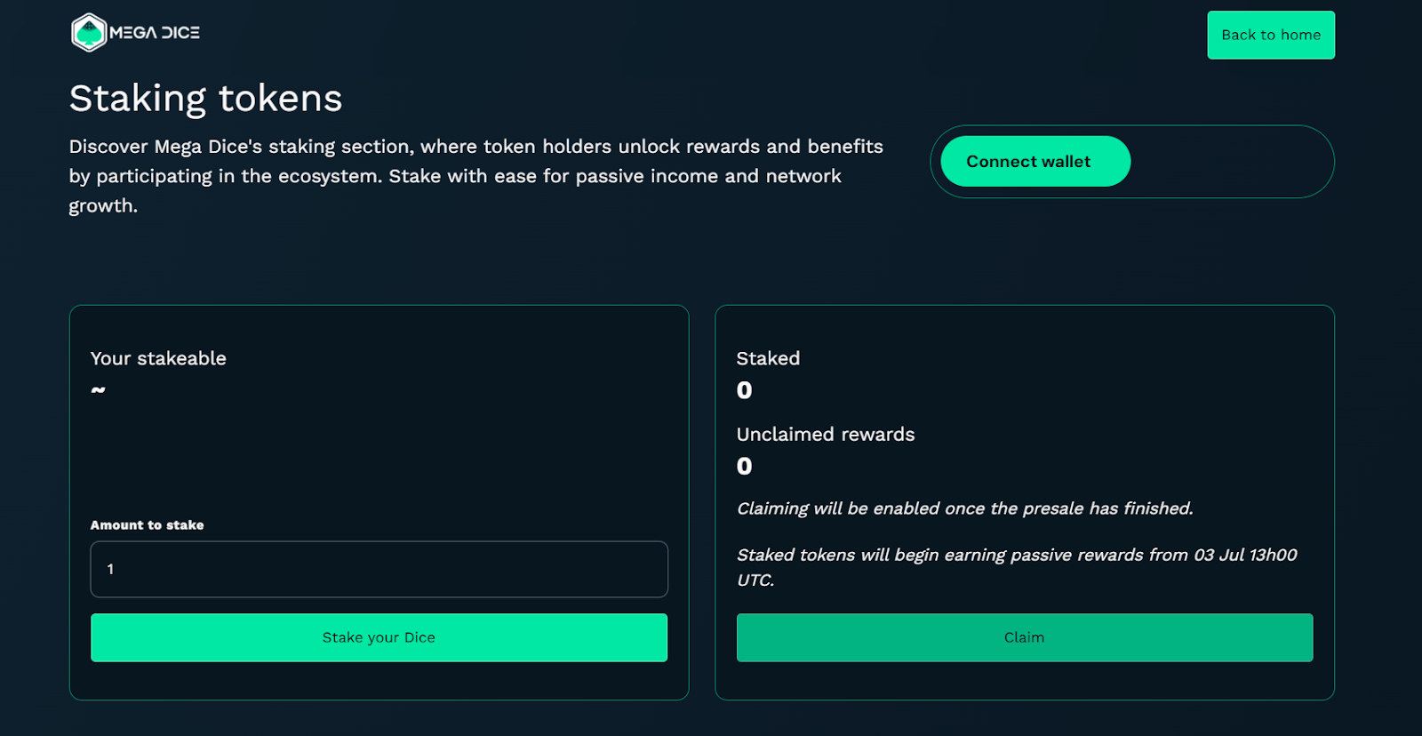 La page de staking de Mega Dice