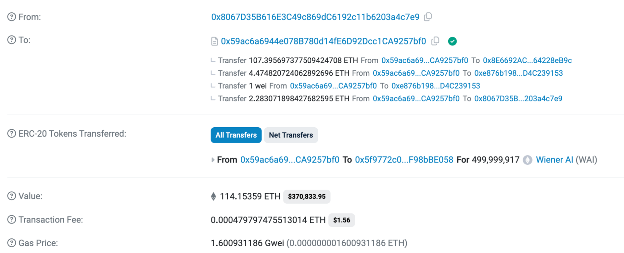 achat crypto WAI sur Etherscan