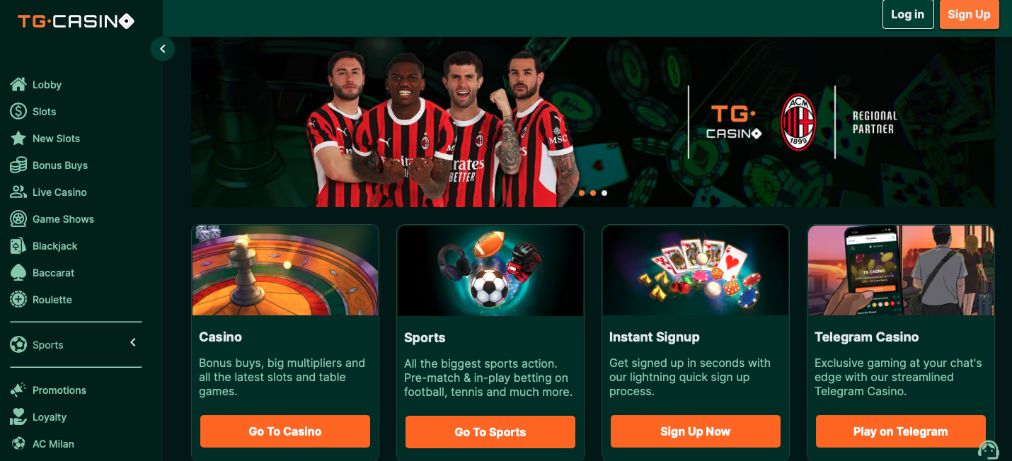 TG Casino homepage