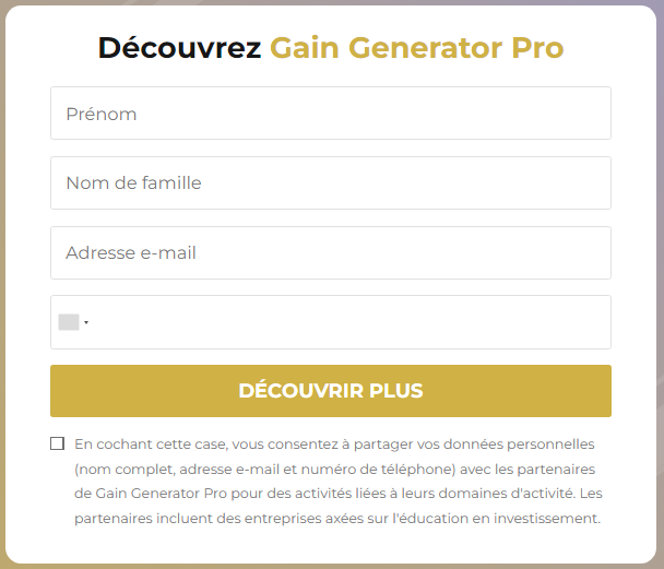 Inscription sur Gain Generator Pro