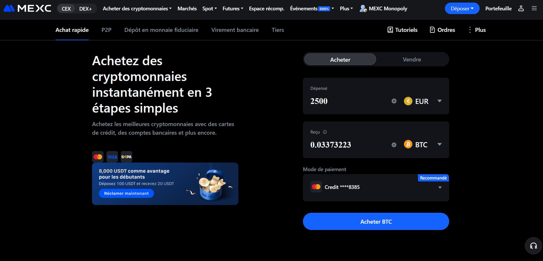 acheter bitcoin par carte bancaire mexc