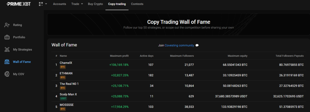 Trading social sur PrimeXBT