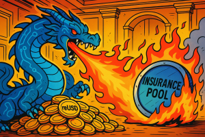 Dans une salle du Trésor façon manga, un dragon numérique crache du feu sur un tas de pièces symbolisant 6 millions de reUSD