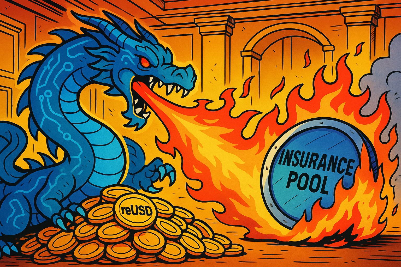 Dans une salle du Trésor façon manga, un dragon numérique crache du feu sur un tas de pièces symbolisant 6 millions de reUSD