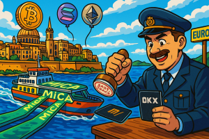 Ferry coloré reliant symboliquement Malte et le continent européen, son pont recouvert de logos MiCA transformés en passerelles fluorescentes, tandis que d’énormes pièces de crypto flottent comme des ballons festifs au-dessus de La Valette
