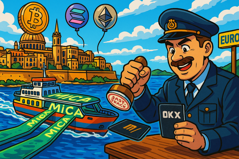 Ferry coloré reliant symboliquement Malte et le continent européen, son pont recouvert de logos MiCA transformés en passerelles fluorescentes, tandis que d’énormes pièces de crypto flottent comme des ballons festifs au-dessus de La Valette
