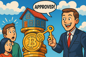 une maison américaine perchée sur une pile de pièces de Bitcoin géantes, un agent immobilier souriant qui tend une clé en forme de cryptomonnaie à un couple surpris