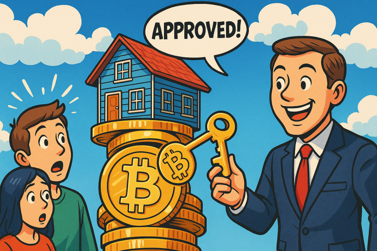 une maison américaine perchée sur une pile de pièces de Bitcoin géantes, un agent immobilier souriant qui tend une clé en forme de cryptomonnaie à un couple surpris