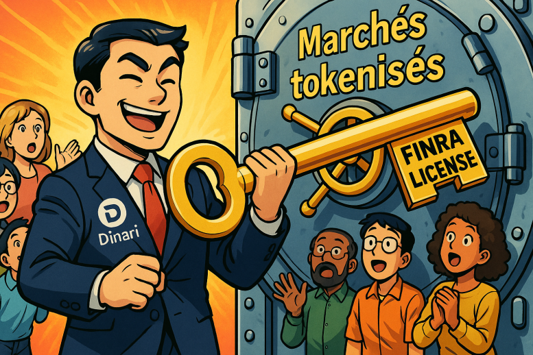 Un personnage en costume officiel de Dinari brandit fièrement une énorme clé symbolisant la licence FINRA devant une porte géante marquée « Marchés Tokenisés »