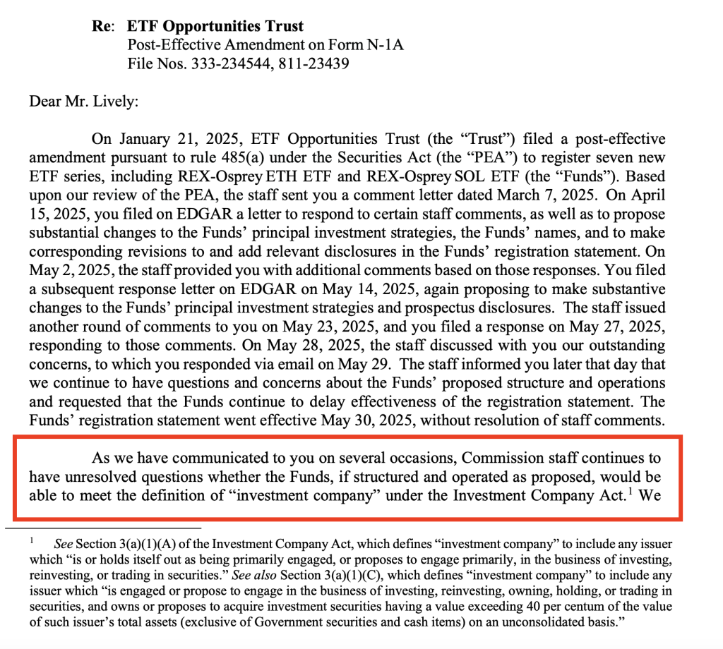 Lettre SEC 30 mai ETF REX Shares et Osprey Funds