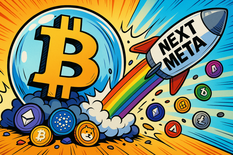 Une bulle de BD montre un Bitcoin géant écrasant des altcoins minuscules à côté d'une fusée portant le texte "next meta"
