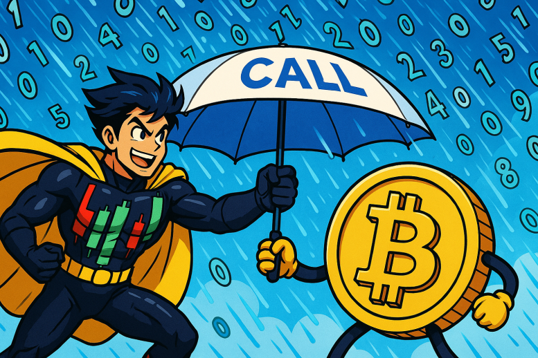 Un super-héros des courbes d'investissement sous un parapluie en forme d'option call