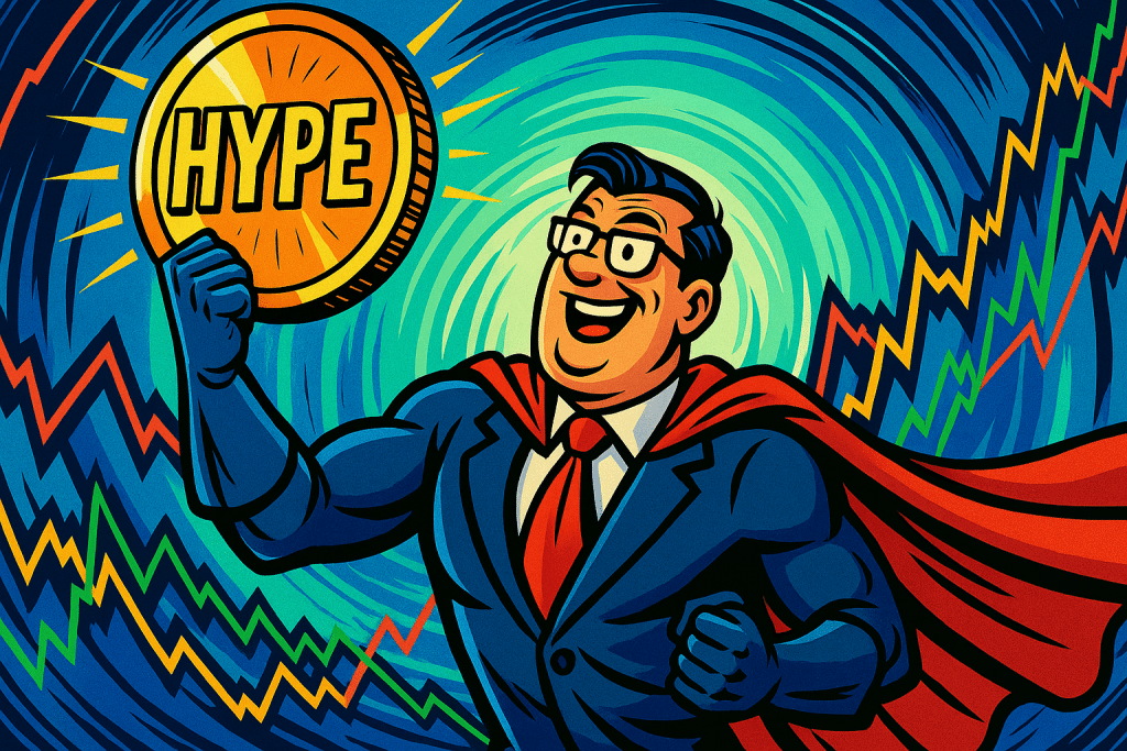 Un PDG en costume de super-héros brandit une pièce HYPE géante devant un vortex de graphiques boursiers