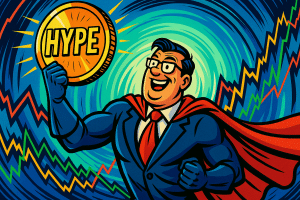 Un PDG en costume de super-héros brandit une pièce HYPE géante devant un vortex de graphiques boursiers