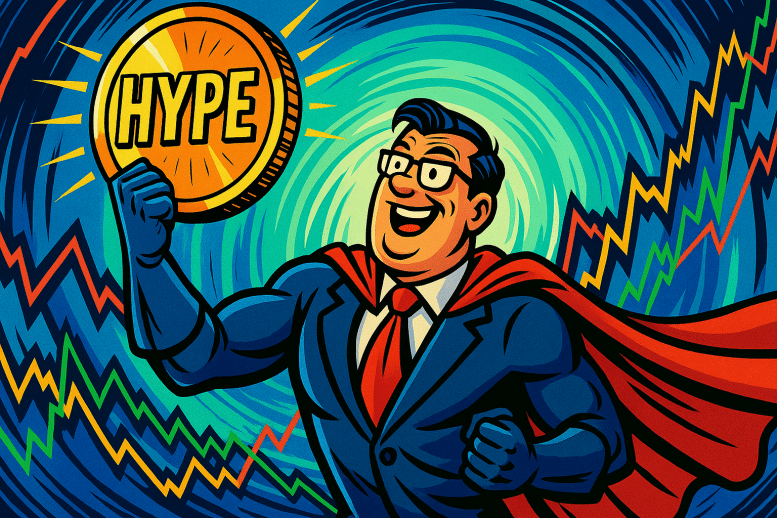Un PDG en costume de super-héros brandit une pièce HYPE géante devant un vortex de graphiques boursiers