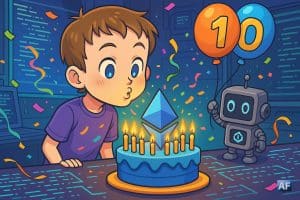 Un gâteau d’anniversaire en forme de logo Ethereum trône sur un bureau futuriste couvert de lignes de code. Vitalik Buterin version chibi souffle les 10 bougies ; un petit robot « blockchain » tient des ballons formant « 10 ».
