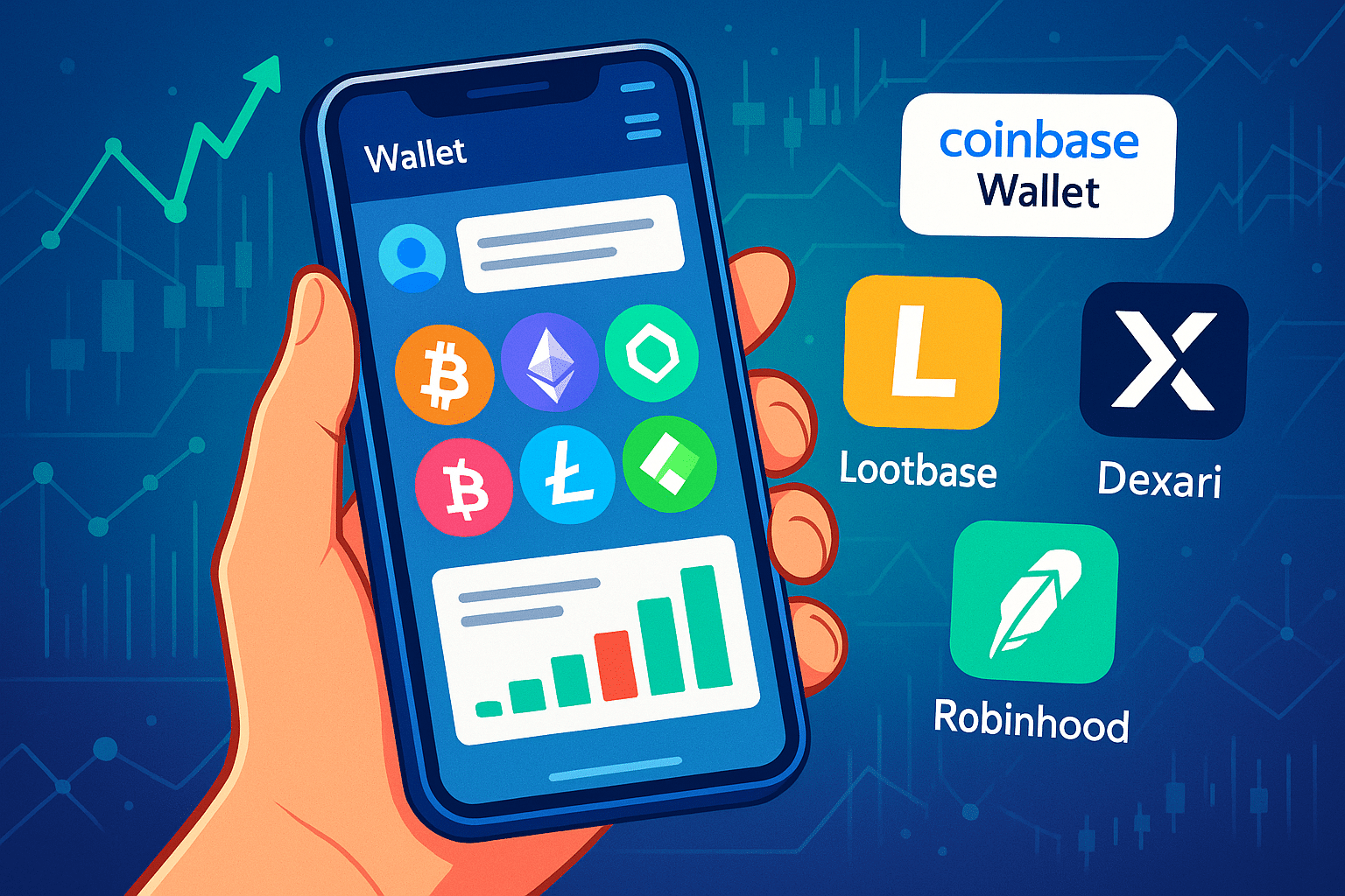 Un smartphone tenu en main, son interface crypto-sociale éclatante au centre, sur fond de graphiques on-chain stylisés pour évoquer la tendance « mobile-first »