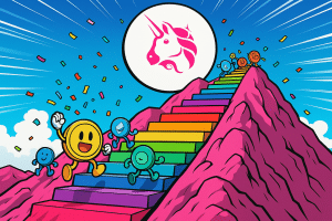 Sur une montagne rose fluo, un escalier arc-en-ciel s’élève vers un logo Uniswap géant, tandis que de petits randonneurs-tokens gravissent les marches en lançant des confettis plastifiés