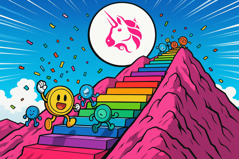 Sur une montagne rose fluo, un escalier arc-en-ciel s’élève vers un logo Uniswap géant, tandis que de petits randonneurs-tokens gravissent les marches en lançant des confettis plastifiés