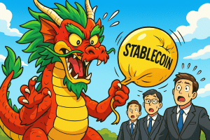 Dragon chinois façon manga tenant une pièce « stablecoin » gonflable qui se dégonfle, devant des investisseurs en costume éberlués