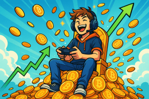 Un gamer casqué, assis sur un trône de pièces de Bitcoin qui s’envolent comme des confettis, tandis qu’un graphique vert file vers le ciel en arrière-plan