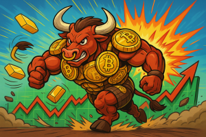 Un taureau de cartoon, bodybuildé et recouvert d’une armure de pièces de Bitcoin, fonce à travers un graphique boursier en pleine explosion.