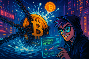 Un Bitcoin géant retenu sous l’eau par d’énormes chaînes, tandis qu’un “beach-ball” BTC remonte en bouillonnant. Au premier plan, un hacker souriant observe les métriques on-chain sur un hologramme.