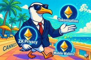 Un goéland en costume chic, lunettes de soleil sur le bec, déambule sur la Croisette de Cannes. Il tient trois logos Ethereum lumineux marqués « Tokenisation », « ZK Privacy » et « Mobile Wallets »