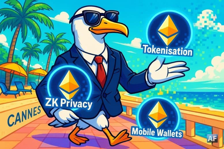 Un goéland en costume chic, lunettes de soleil sur le bec, déambule sur la Croisette de Cannes. Il tient trois logos Ethereum lumineux marqués « Tokenisation », « ZK Privacy » et « Mobile Wallets »