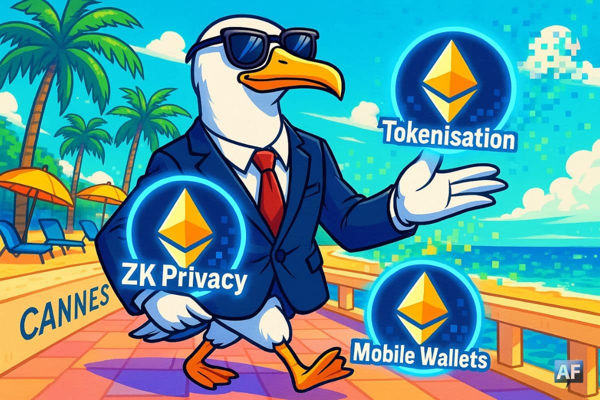 Un goéland en costume chic, lunettes de soleil sur le bec, déambule sur la Croisette de Cannes. Il tient trois logos Ethereum lumineux marqués « Tokenisation », « ZK Privacy » et « Mobile Wallets »