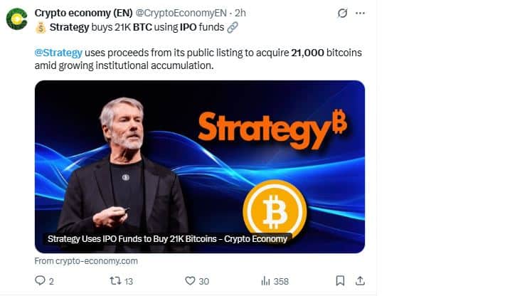 Strategy frappe fort avec l’achat de plus de 21 000 BTC après son IPO