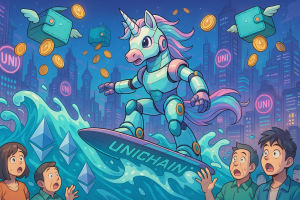 Une licorne robot aux couleurs pastel chevauchant une vague d’Ethereum liquides.