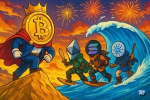 Un Bitcoin géant en costume de roi grimpe une montagne dorée, pendant que trois personnages d'aventuriers chacun avec une tête d'altcoin différent (ETH, SOL, ADA) surfent sur une vague ascendante, regardant l’horizon en feu d’artifice.