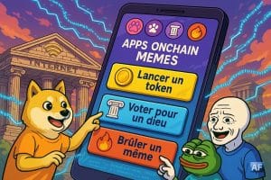 Une gigantesque interface d'application mobile flottant au-dessus d’un temple de l’Internet ancien. Des memes célèbres (doge, wojak, pepe) appuient joyeusement sur des boutons comme « Lancer un token », « Voter pour un dieu », ou « Brûler un mème ».
