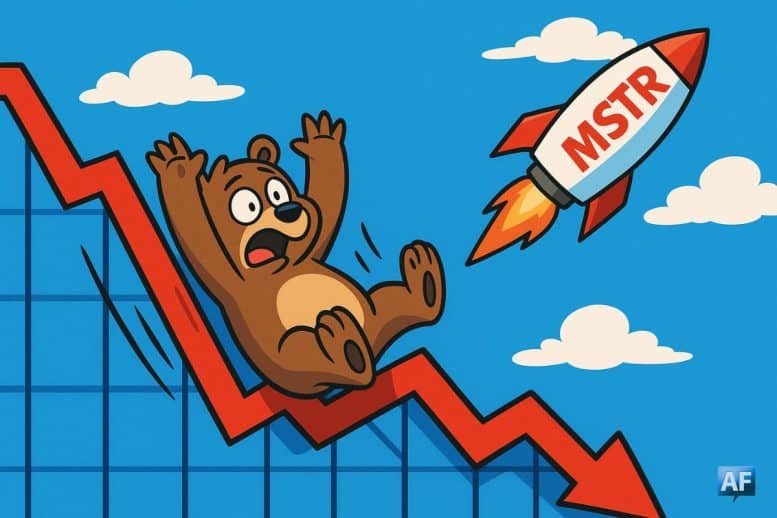 Un ours de dessin animé, les pattes en l’air, glisse sur un graphique boursier rouge en forme de toboggan, tandis qu’une fusée estampillée « MSTR » perce le ciel bleu derrière lui.