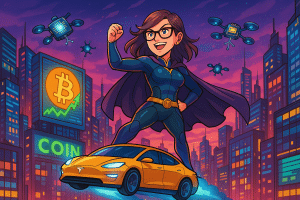 Une cheffe d'entreprise en super-héroïne futuriste, debout sur un robotaxi Tesla volant au-dessus d’une ville cyberpunk bardée d’écrans affichant le cours du Bitcoin ; des drones en forme de puces neuronales tournoient autour d’elle