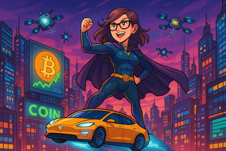 Une cheffe d'entreprise en super-héroïne futuriste, debout sur un robotaxi Tesla volant au-dessus d’une ville cyberpunk bardée d’écrans affichant le cours du Bitcoin ; des drones en forme de puces neuronales tournoient autour d’elle