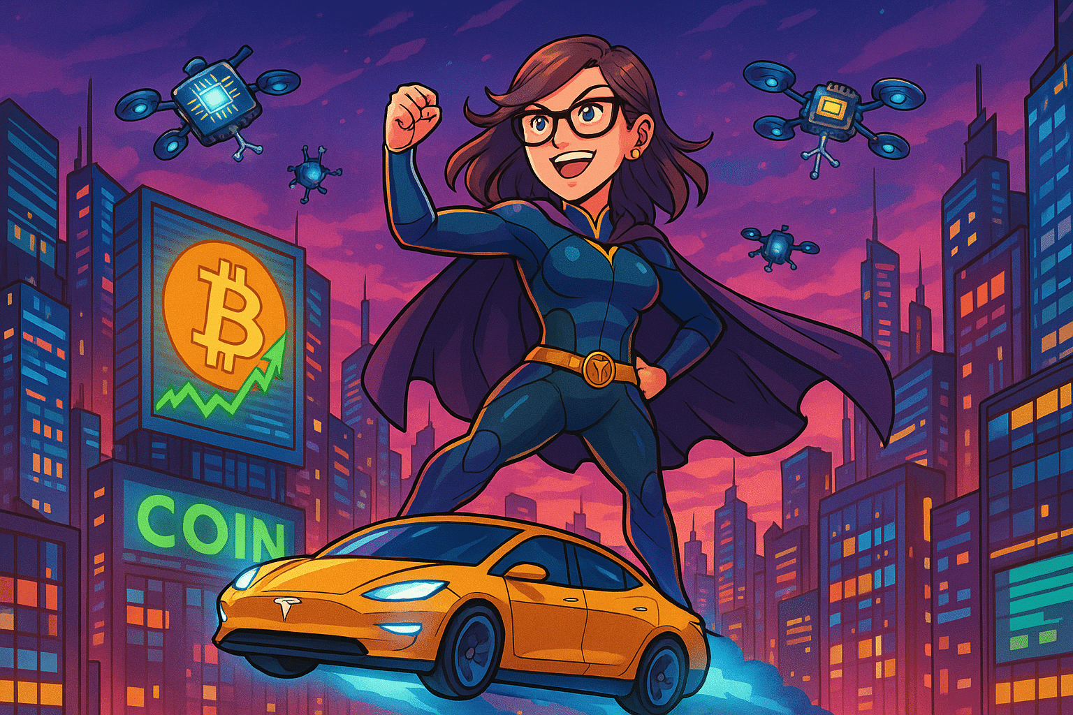Une cheffe d'entreprise en super-héroïne futuriste, debout sur un robotaxi Tesla volant au-dessus d’une ville cyberpunk bardée d’écrans affichant le cours du Bitcoin ; des drones en forme de puces neuronales tournoient autour d’elle