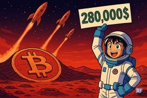 Paysage nocturne sur Mars, un bitcoin géant gravé comme un cratère, des fusées remontant le ciel rouge, et un astronaute manga brandit une pancarte « 280 000 $ ».